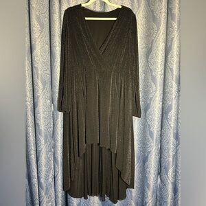 (Video) Black Hi-Low Dress | Size 2X | Sheer Sleeves | V-Neck Plunge | New
